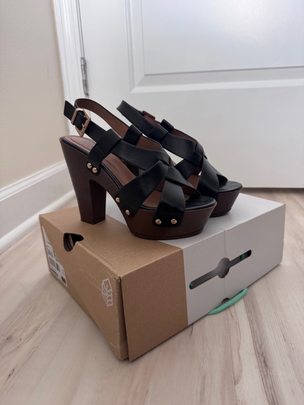 Call It Spring Black Crisscross Platform Sandals with Brown Wood-Look Heel